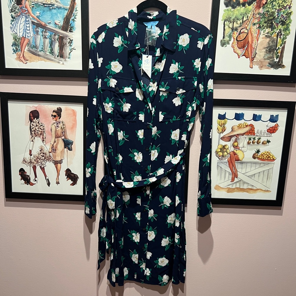 Draper James Navy Floral Shirt Dress with White & Green Blossoms
